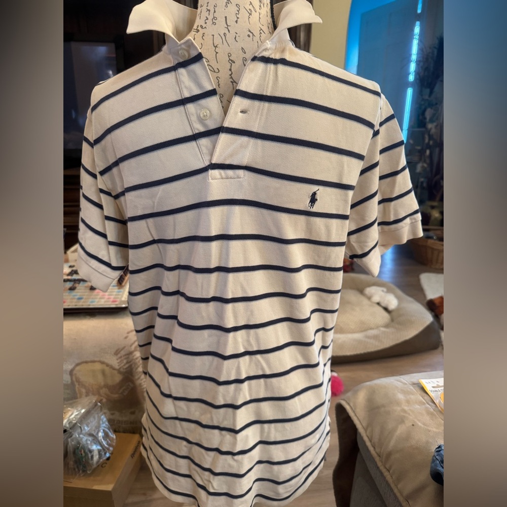 Ralph Lauren Men's Polo Shirt - White with Navy Stripes men med nwot